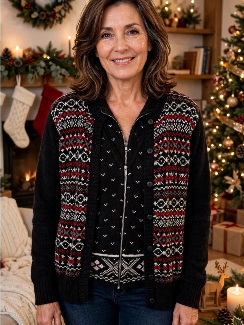 Cozy FairIsle Vintage 2 piece set Zip & Button Cardigan Sweater - Black/Red Sz.P